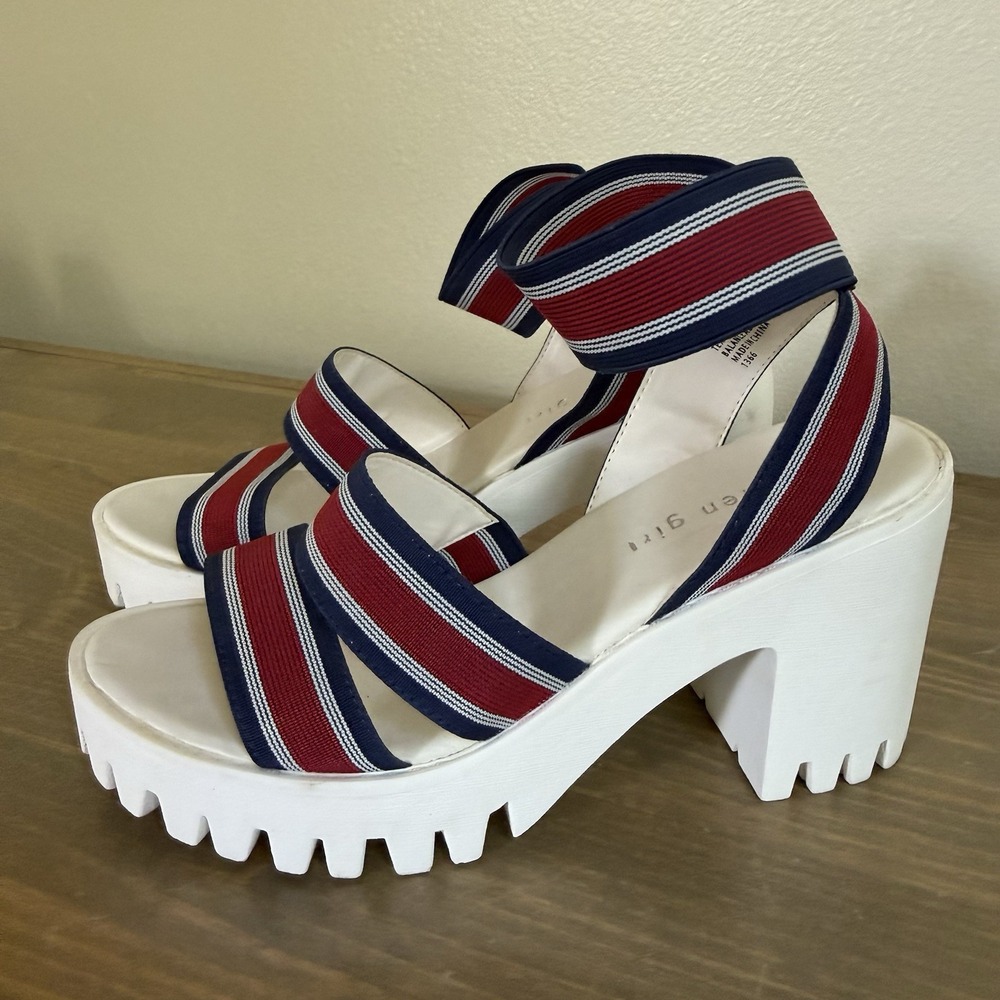 Madden Girl Womens 7M Red White Blue Sohoo Platform Heel Slip On Strappy Sandals - Picture 2 of 9